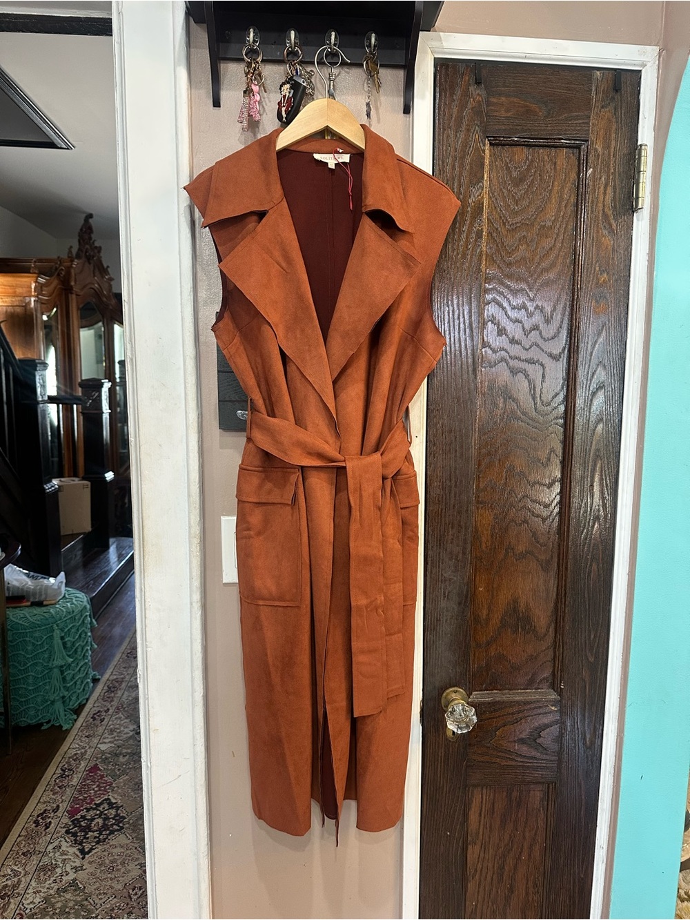 Solitaire Rust Faux Suede Sleeveless Trench Vest with Self-Tie Belt